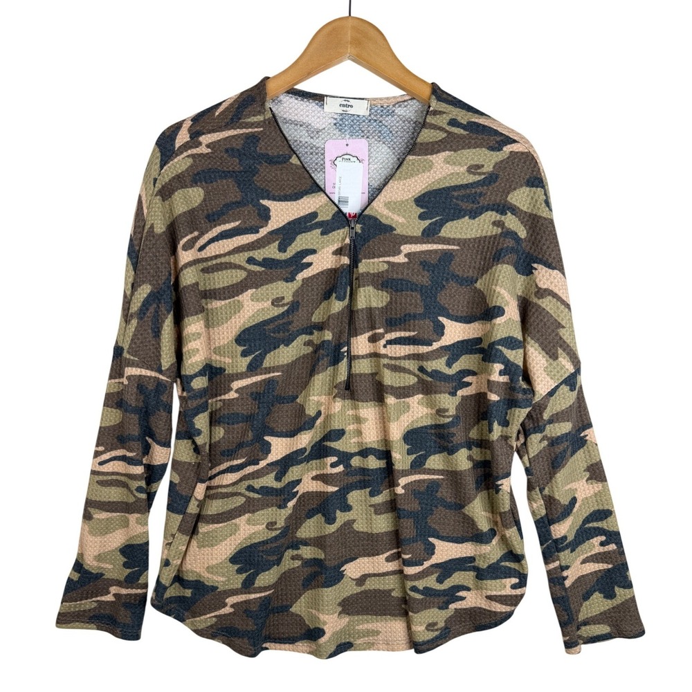 NWT Entro Pink Long Sleeve Waffle Knit Top Size Large Brown Camouflage Half Zip
